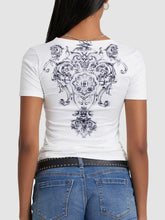 White V-Neck T-Shirt with Ornate Graphic for Women