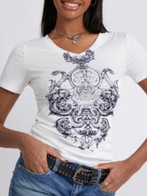 White V-Neck T-Shirt with Ornate Graphic for Women