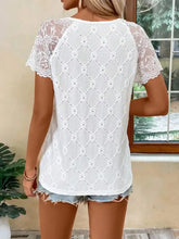 White V Neck Top with Lace Trim Eyelet Sleeves Woman T Shirts