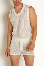 White Vertically Striped Knit Tank and Shorts Set for Men Ivory