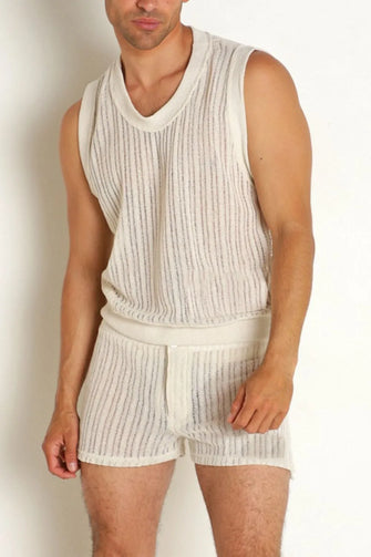 White Vertically Striped Knit Tank and Shorts Set for Men Ivory