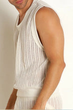 White Vertically Striped Knit Tank and Shorts Set for Men