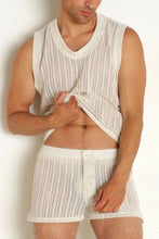 White Vertically Striped Knit Tank and Shorts Set for Men