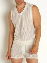 White Vertically Striped Knit Tank and Shorts Set for Men