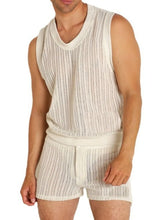 White Vertically Striped Knit Tank and Shorts Set for Men