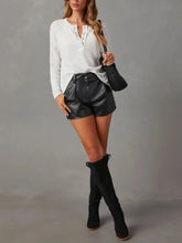 White Waffle-Knit Henley and Black Faux Leather Shorts Set