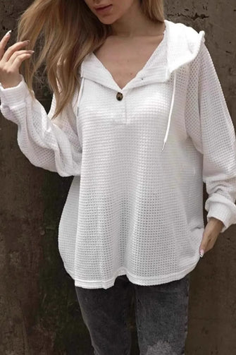 White Waffle Knit Hooded Button Up Shirt for Women White