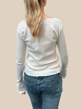 White Waffle Knit Long Sleeve Ribbed Shirt for Women