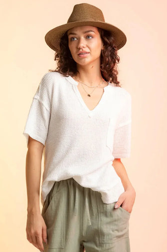 White Waffle Knit Short Sleeve Top for Women White