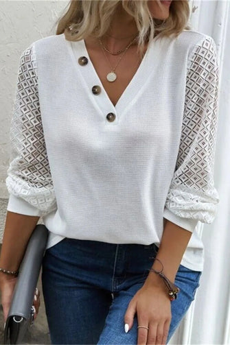 White Waffle Knit Top with Lace Sleeves and Button Detail White