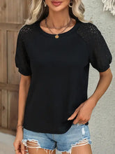 Witte wafelgebreide top met kanten mouwen voor dames Zwarte vrouw T-shirts