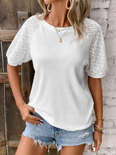 White Waffle Knit Top with Lace Sleeves for Women White
