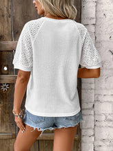 White Waffle Knit Top with Lace Sleeves for Women