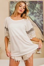 White Waffle Knit Top with Leopard Blocking and Crochet Lace Sleeves