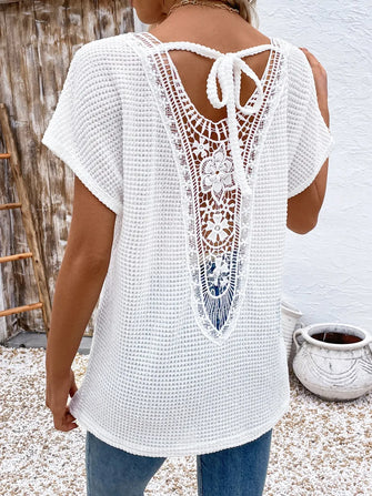 White Waffle Knit V Neck Top with Lace Back White