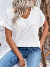 White Waffle Knit V Neck Top with Lace Back Woman T Shirts