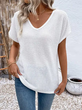 White Waffle Knit V Neck Top with Lace Back Woman T Shirts