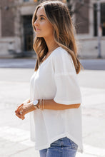 White Waffle Knit V Neck Top with Regular Sleeve Length for Women