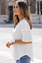 White Waffle Knit V Neck Top with Regular Sleeve Length for Women Woman T Shirts