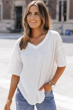 White Waffle Knit V Neck Top with Regular Sleeve Length for Women White Woman T Shirts