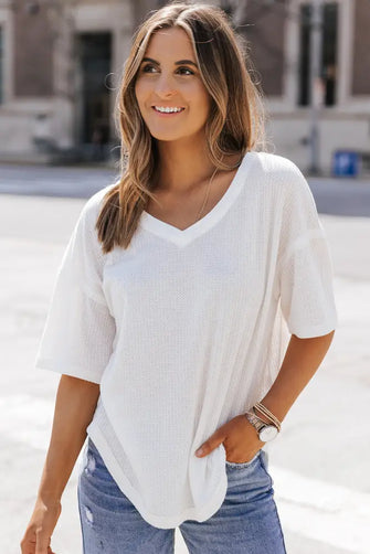 White Waffle Knit V Neck Top with Regular Sleeve Length for Women White Woman T Shirts