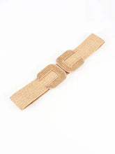 Tan wide braid belt with beige textured stretch and double buckle design
