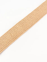Tan wide braid belt with rectangular buckle and textured beige weave