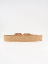 Tan wide braid belt with rectangular buckle in woven elastic