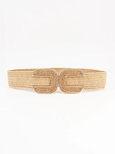 Tan wide braid belt with woven elastic and rectangular double-C buckle