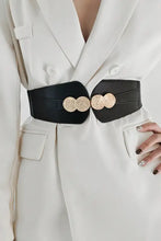 Black satin wide elastic belt with gold coin alloy buckle accents