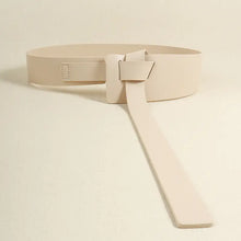 Wide light beige faux leather obi belt with self-tie knot closure