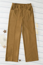 Tan cotton twill wide-leg pants in olive green with elastic waist and pockets