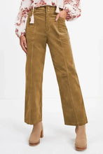 Mustard yellow corduroy wide-leg pants with high waist button closure