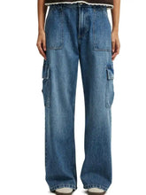Wide leg cargo jeans in blue denim featuring large side pockets and a relaxed wide leg cut for comfort