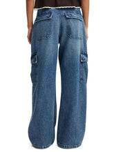 Blue denim wide leg cargo jeans featuring multiple pockets and a relaxed fit for casual wear