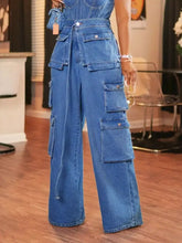 Blue denim wide leg cargo jeans with multiple pockets and a tie waist for casual and functional wear