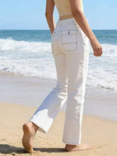 White denim wide leg contrast stitching jeans featuring classic five-pocket design and prominent leg contrast stitching
