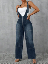 Dark wash wide leg strap denim overalls with front zipper