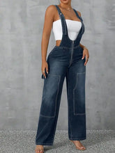 Dark wash wide leg strap denim overalls with front zipper