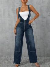 Dark wash wide strap denim overalls with front zipper and pockets