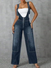 Wide leg strap denim overalls with front zipper in dark wash