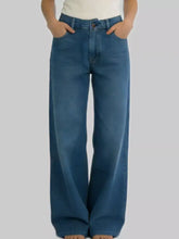 Blue denim wide leg washed jeans with classic five-pocket design in a comfortable leg washed jeans style