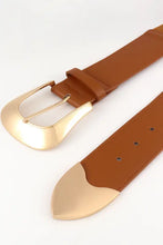 Wide PU belt with rose gold zinc alloy western buckle and tan leather prong design