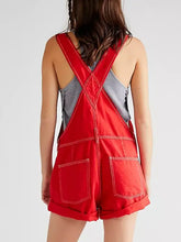 Red wide strap square neck denim overalls with white stitching