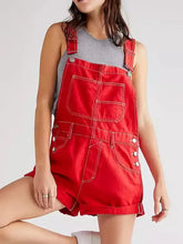 Red wide strap square neck denim overalls in red with white stitching