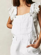 White wide strap square neck denim overalls with ruffled sleeves