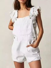 White wide strap square neck denim overalls with ruffled straps