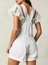 White wide strap square neck denim overalls with ruffled shirt