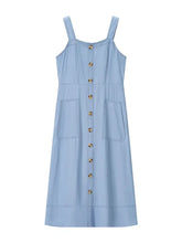 Light blue denim dress with wide strap sweetheart neck and gold-tone buttons down the front
