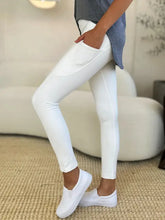 White womens sports leggings with wide waistband and side pockets